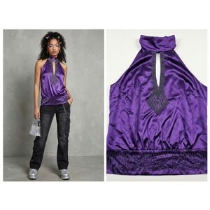 BCBGMAXAZRIA Halter Top Women XS Purple NEW Beaded Satin Keyhole Blouse NVET3943